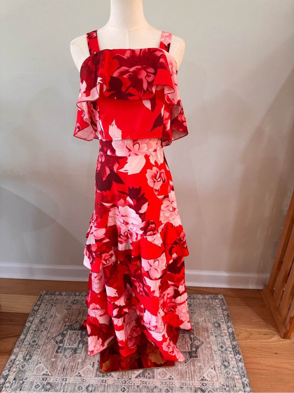 Source Unknown Red Floral Ruffle Maxi Jumpsuit